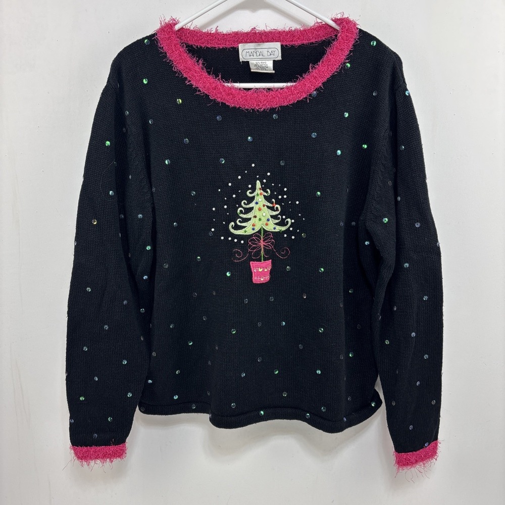 Mandal Bay Ugly Christmas Sweater Black Embroidered‎ Tree Sequins Womens Size L